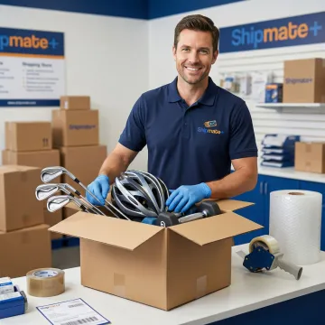 ShipMate+ staff packing and shipping sporting goods equipment at a Vista, CA shipping store