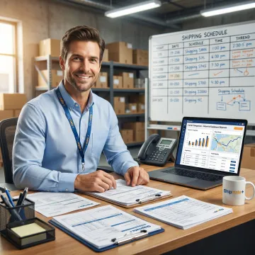 Freight specialist reviewing shipping documentation for industrial equipment at a shipping counter