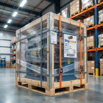 Industrial machinery being prepared for freight shipping at a professional shipping facility