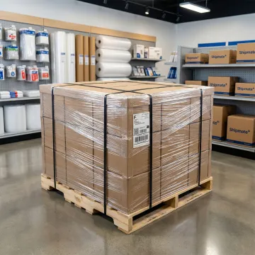 Freight specialist preparing a wrapped pallet for shipment at a pack and ship store