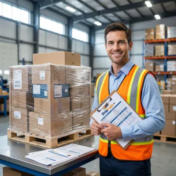 Freight specialist reviewing pallet shipping documentation and carrier rate options