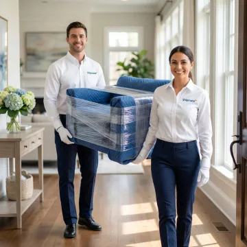 White glove delivery team carefully carrying wrapped furniture item through a residential entryway