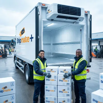Temperature controlled shipping truck with refrigerated cargo being loaded