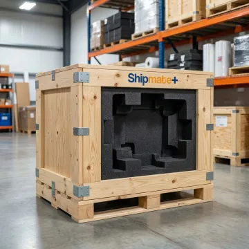 Finished custom wooden freight crate ready for shipment in a packing facility