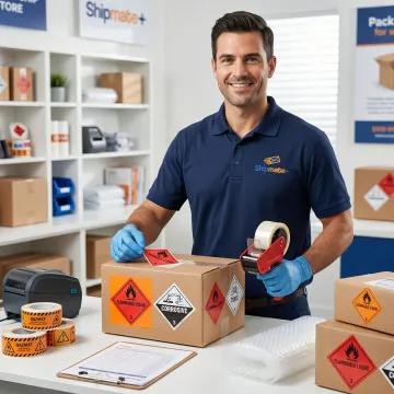 HAZMAT shipping specialist preparing labeled hazardous materials packages for carrier pickup