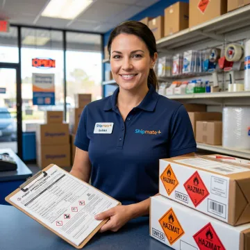 ShipMate+ team member reviewing HAZMAT shipping documentation at a pack and ship counter