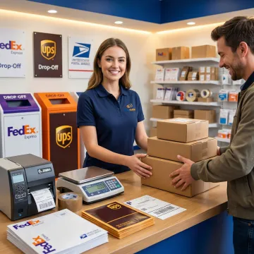 ShipMate+ staff helping a Shopify seller ship packages at a multi-carrier shipping counter