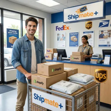Shopify seller dropping off a stack of labeled packages at ShipMate+ shipping store