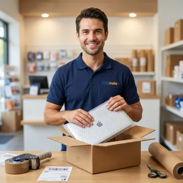 Staff securely repacking a returned product at a shipping store