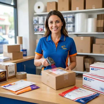 Staff member processing a return shipment at a pack and ship counter