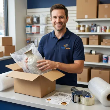 Professional team member at ShipMate+ preparing a UPS shipment with packing materials