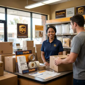 ShipMate+ UPS Authorized Shipping Outlet counter with packages being processed for shipment