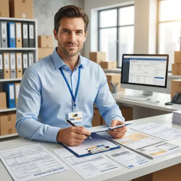 Customs clearance specialist reviewing international shipping documents at a shipping counter