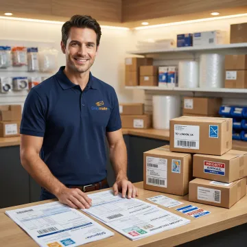 Shipping professional preparing customs clearance documentation for international parcels