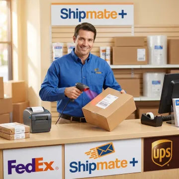 Shipping staff preparing an overnight package at a multi-carrier shipping counter