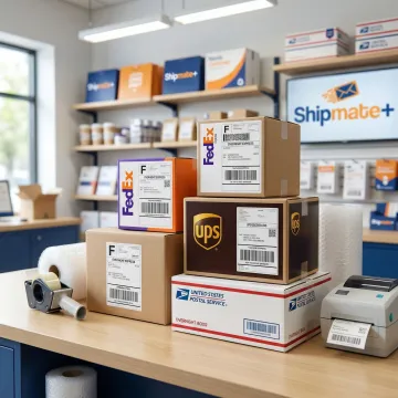 Overnight shipping packages ready for dispatch at a multi-carrier shipping store