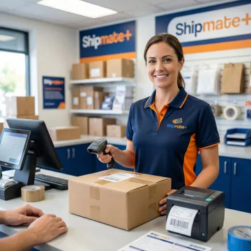 ShipMate+ team member processing an express shipping label at the counter