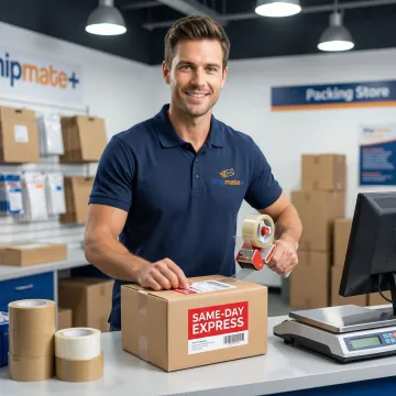 ShipMate+ staff preparing an express shipment package for same-day delivery