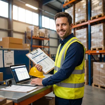 Freight specialist reviewing LCL shipping consolidation manifest at a logistics desk with cargo in background