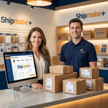 Business owner reviewing shipping options with ShipMate+ staff at distribution counter