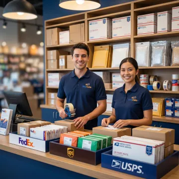 Staff processing packages at a multi-carrier shipping and distribution counter