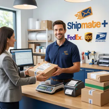 ShipMate+ staff member processing business shipments at a 3PL service counter