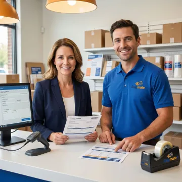 Business owner reviewing shipping options with a ShipMate+ logistics specialist