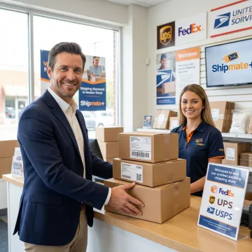 Business professional dropping off commercial shipments at a multi-carrier shipping store counter.