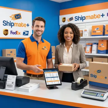 ShipMate+ team member helping a business client compare shipping rates at the counter.