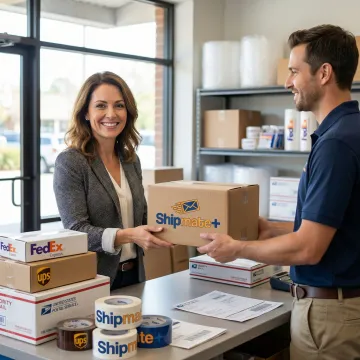 Business owner dropping off large volume of labeled packages at a multi-carrier shipping store counter in Los Angeles