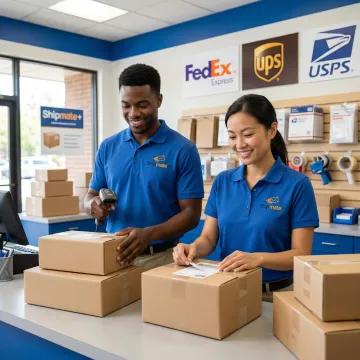 Professional shipping store staff packing and processing bulk business shipments at a well-organized fulfillment counter