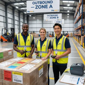 ShipMate+ team processing and sorting freight for outbound carrier transfer