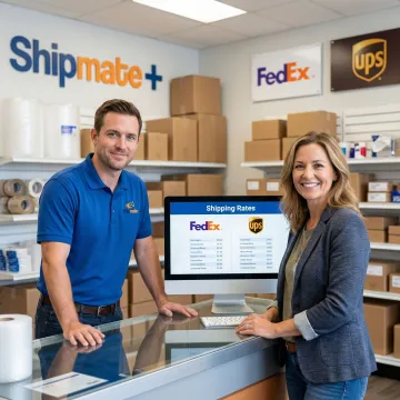 Professional staff member helping a small business owner compare FedEx and UPS shipping rates at a counter