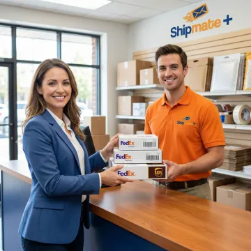 Small business owner shipping packages at a FedEx and UPS authorized shipping center in Chicago