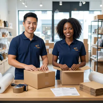 Professional staff packing and labeling e-commerce boxes at a ShipMate+ shipping store