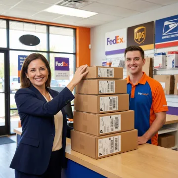 Business owner dropping off a large stack of labeled packages at a staffed shipping counter