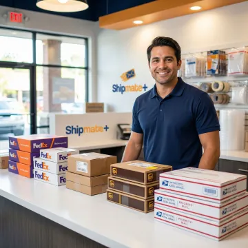 Professional staff member organizing multiple labeled business shipments at a multi-carrier shipping counter
