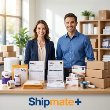 Business owner reviewing shipping cost savings at a multi-carrier shipping counter