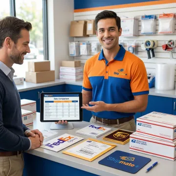 Commercial shipping professional comparing carrier rates for a San Francisco business