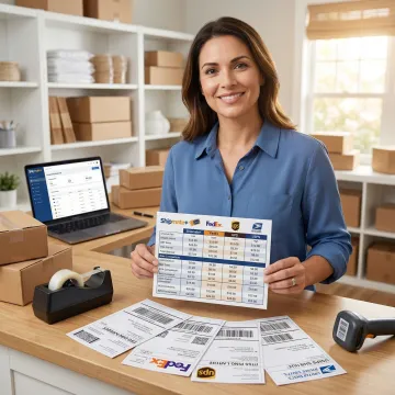 E-commerce seller reviewing shipping rate comparison on a counter with multiple carrier options at ShipMate+