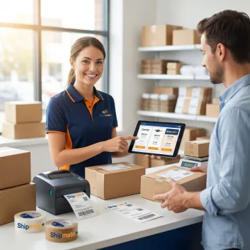 ShipMate+ staff helping an online store owner compare shipping rates at a counter with FedEx, UPS, and USPS options visible