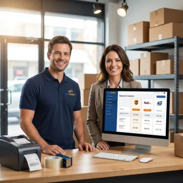 Shipping specialist helping a business client compare carrier rates for bulk packages