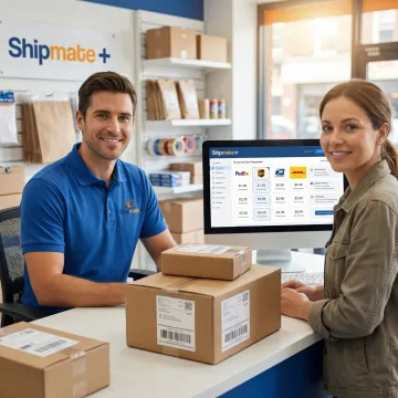 Staff member comparing shipping rates on a computer for a small business client's bulk packages