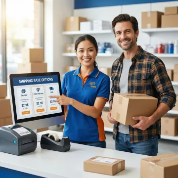 ShipMate+ team member helping a small business owner compare UPS and FedEx shipping rates