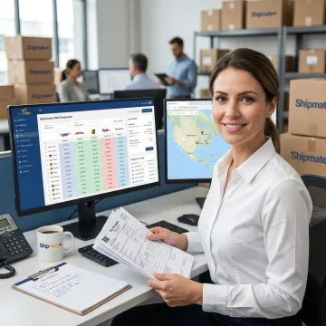 Freight specialist reviewing bill of lading and carrier rate documents for a Houston commercial shipment