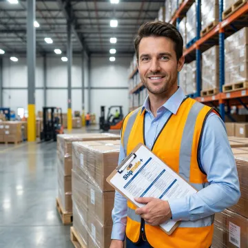 Commercial freight shipping specialist coordinating LTL pallet shipment in Houston warehouse