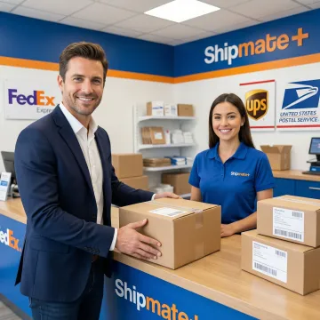 Business professional dropping off packages at a multi-carrier shipping counter in Philadelphia