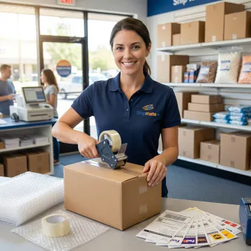 Shipping store professional packing business boxes with multiple carrier logos visible