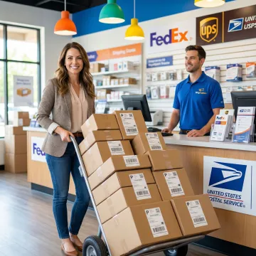 Business owner dropping off a stack of labeled packages at a multi-carrier shipping counter