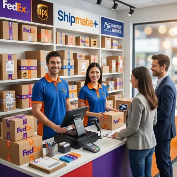 High-volume package shipping counter with stacked boxes and multi-carrier labels